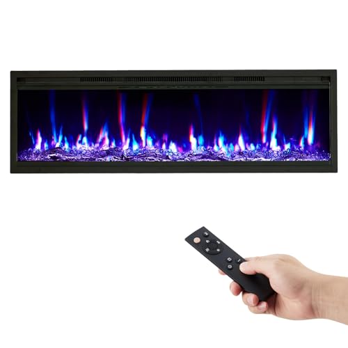 CABIHOME 60 Inch Electric Fireplace Wall Recessed and Wall Mounted with Adjustable Flame Color, Speed, Brightness, Low Noise, Built-in Timer, Log & Crystal, Remote Control & Touch Screen, 750/1500W CABIHOME