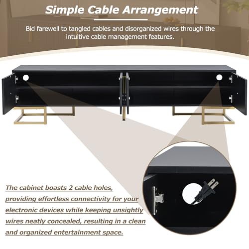 ON-TREND Modern TV Stand with Metal Legs and Gold Handles for TVs Up to 80'', Media Console Table with Cabinets and Adjustable Shelves, Luxury TV Cabinet with Geometric Lines for Living Room, Black Harper & Bright Designs
