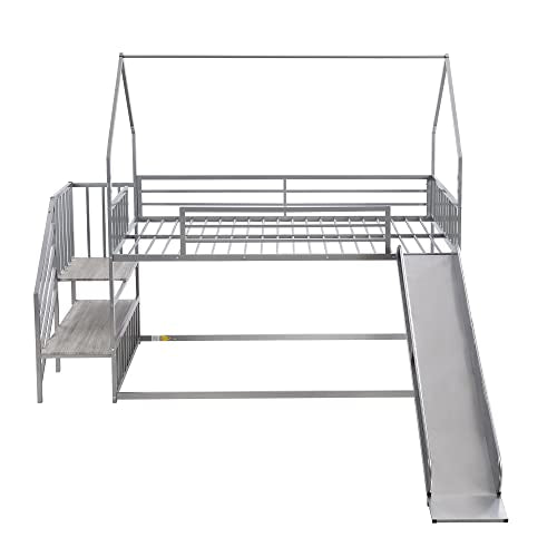 Twin Over Twin Bunk Bed with Slide and Storage Stairs, Heavy Duty Bunk Bed/House Bunk Bed Twin Over Twin, Twin Floor Bunk Beds for Kids, Girls, Boys(Twin Over Twin Sliver) Bellemave