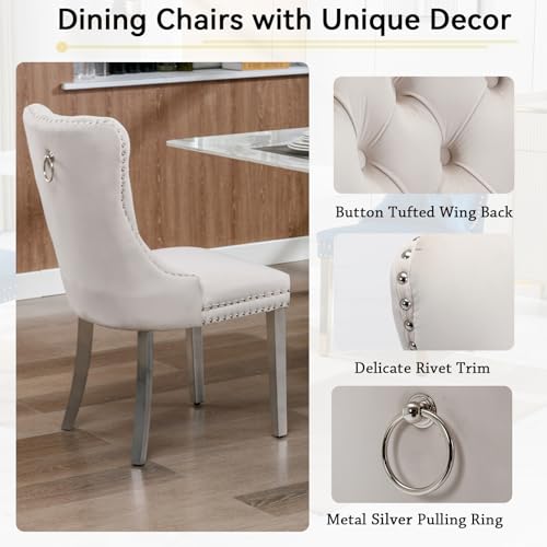 Henf 7 Pieces Faux Marble Dining Table Set for 6, 63"-79" Extendable Dining Room Table and 6 Beige Tufted Chairs Set for 6, Modern Large Expandable Kitchen Table with White Double Columns Base Henf