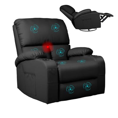 LEVELEVE Rocking Recliner Chair, Massage Rocker Recliner Chair with Vibration Massage and Heat, 360° Swivel Recliner Chairs, Living Room, Bedroom, Nursery, RV, Black