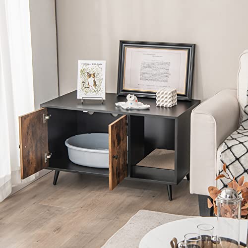 Tangkula Cat Litter Box Enclosure, Cat Washroom W/Divider, Scratching Pad, Metal Leg, Enclosed Cat Box Cabinet Pet House W/Double Doors, Litter Box Furniture Hidden for Large Cat (Rustic Brown) Tangkula