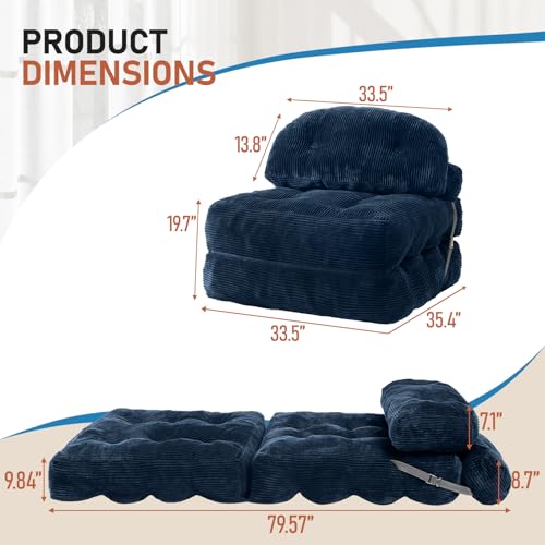 Vellorise Folding Sofa Bed, Convertible Sleeper Chair with Back Support and Pillow Futon,Boneless Foldable Couch for Living Room/Guest Use/Home Office, Foldable Chair Bed for Adults, Navy Blue Vellorise