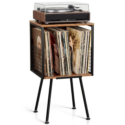 Faesun Record Player Stand with Storage Holds 100+ Vinyl Records, Industrial Turntable Stand with Storage Shelf, LP Album Organizer Cabinet for Small Spaces,Rustic End Table Faesun