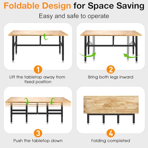 MUWOOD 60” Folding Workbench, 2000 LBS Capacity Heavy Duty Workbench, Height Adjustable Foldable Work Table, Rubberwood Collapsible Desk for Workshop, Garage, Office, Home MUWOOD