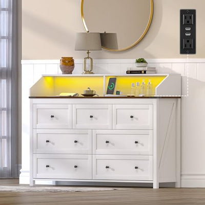 GlouMod LED Dresser with Charging Station, 7 Drawer Dresser for Bedroom, Chest of Drawers with LED Lights, Wood Dresser for Closet, Living Room, Hallway, Kids Room, Large White Dresser