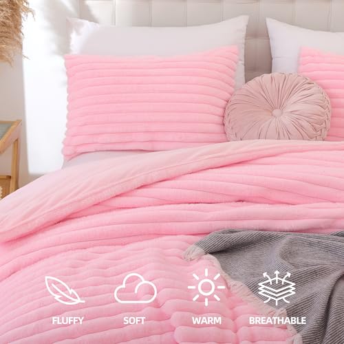 Smoofy Fluffy Queen Comforter Set 3 Pieces - Pink Fleece Fluffy Comforter Set, Luxury Fuzzy Queen Bedding Set, Soft Warm Bed Set All Season, Heavy Faux Fur Comforter with 2 Pillow Cases Smoofy