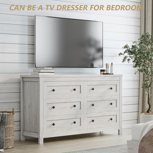LUXOAK Farmhouse 6 Drawers Dresser, Wood Rustic Chest of Drawers for Bedroom, Closet Storage Dressers Organizer, 6 Drawers Chest for Living Room, Hallway, Rustic White LUXOAK