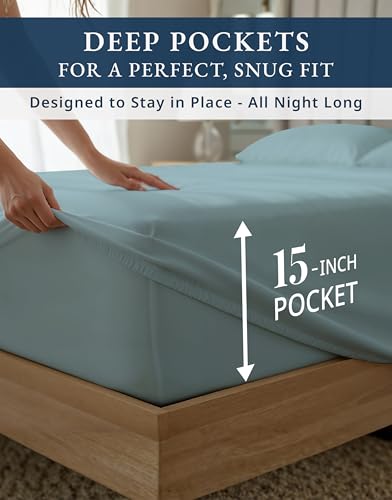 LANE LINEN 1000 Thread Count 100% Egyptian Cotton King Size Sheets – Silky Sateen Weave, Naturally Cooling & Durable, Ultra-Soft Luxury You Can Feel,15" Deep Pocket King Sheet Set – French Blue LANE LINEN
