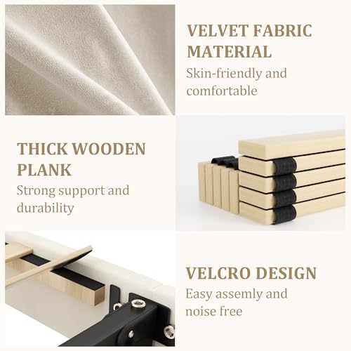 Full Bed Frame with Storage Drawers, Velvet Upholstered Full Size Platform Bed with 47" Tall Headboard and Wingboard, No Box Spring Needed, Noise Free, Easy Assembly, Wooden Support Slats, Beige viplov