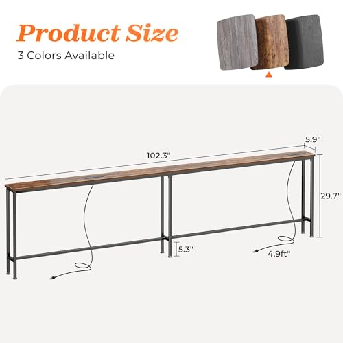 SUPERJARE 102 Inch Sofa Table with 2 Power Outlets and USB-C Ports, 5.9 Inch Narrow Console Table with Storage, Extra-Long, for Entryway Hallway Couch Behind Sofa, Small Spaces, Rustic Brown SUPERJARE