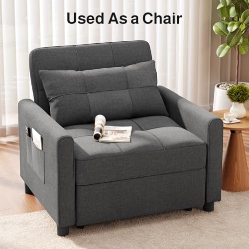 Ahomly Convertible Sofa Chair Bed, 3-in-1 Multi-Functional Sleeper Chair Bed, Adjustable Backrest Recliner with Modern Linen Fabric for Living Room Bedroom Apartment Small Space, Dark Grey