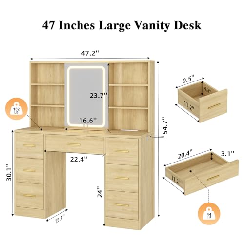47'' W Large Vanity Desk with Mirror and Lights, 8 Storage Shelves 7 Drawers Vanity Table, Big Makeup Vanity Desk with 3 Lighting Modes, Vanity Dresser with Charging Station, Sliding Mirror (Natural) knoworld