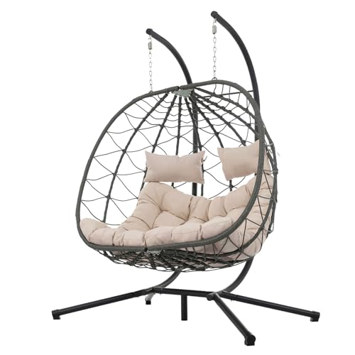 ZOMEYLPO Double Hanging Egg Chair, Hammock Chair with Stand, Swing Chairs with Cushion 700 LBS Capacity for Indoor, Bedroom, Outdoor, Porch, Patio, Beige ZOMEYLPO