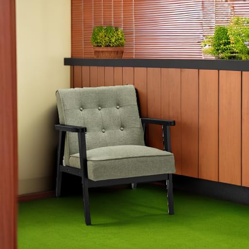 SONGMICS Accent Leisure Chair, Mid-Century Modern Arm Chair with Solid Wood Armrests and Legs, 1-Seat Cushioned Sofa for Living Room Bedroom Balcony Studio, Olive Green ULAC001C01 SONGMICS