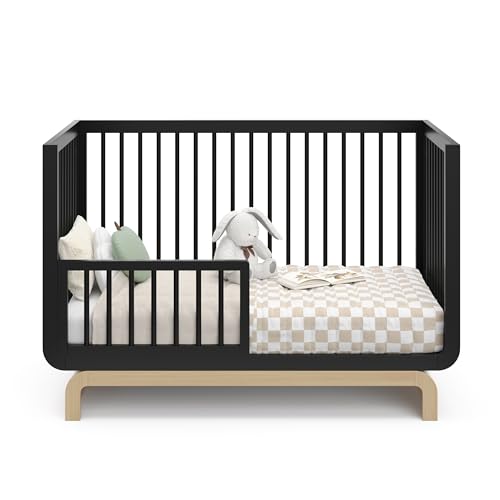 Storkcraft Santorini Deluxe 5-in-1 Convertible Crib with Bonus Toddler Guardrail (Black with Driftwood) – GREENGUARD Gold Certified, Toddler Guardrail Included in Box, Fits Standard Crib Mattress Storkcraft