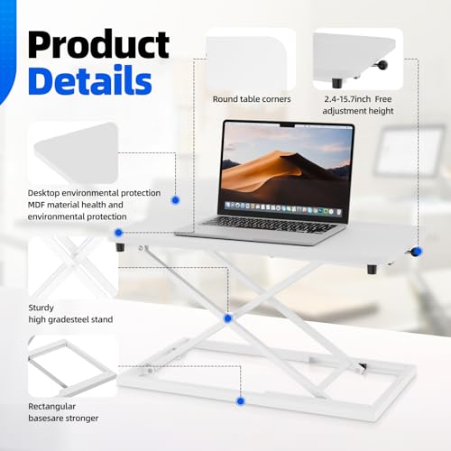 Hoodutric Standing Desk Converter Height Adjustable, Sit to Stand up Desk Riser Computer Workstation use in Laptop and Single Monitor Ergonomic Desktop Workstation for Home Office - White Hoodutric