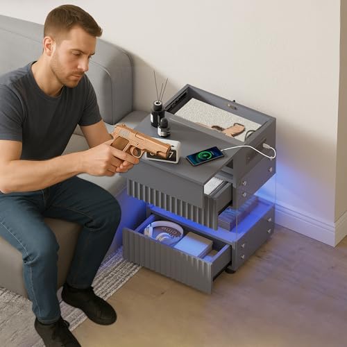 STHOUYN Bedroom LED Nightstand with Gun Drawers, Grey Modern Night Stand with USB & Type-C Charging Station, Smart Nightstand Noght Stand, Bedside Table Gun Safe Side End Tables Office (1, Grey) STHOUYN