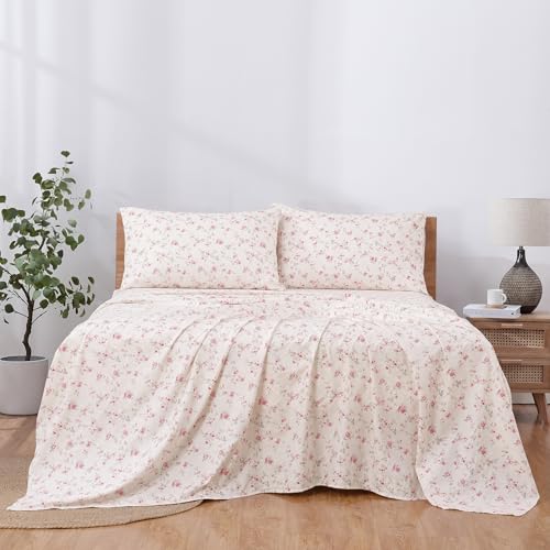 Modern Threads 4-Piece Ultra Soft Microfiber Bed Sheets Set, Wrinkle Free Sheets with Deep Pockets Fitted Sheet, Flat Sheet & Pillowcases, Lightweight Breathable Bedding, Floral Rose, Queen Modern Threads