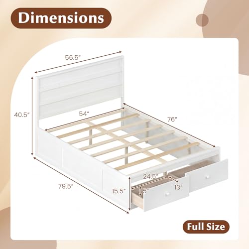 Giantex Full Size Bed Frame with Storage Drawers, Wood Platform Bed with Headboard, Solid Mattress Foundation w/Wooden Slat Support & Enclosed Base, No Box Spring Needed (White, Full) Giantex