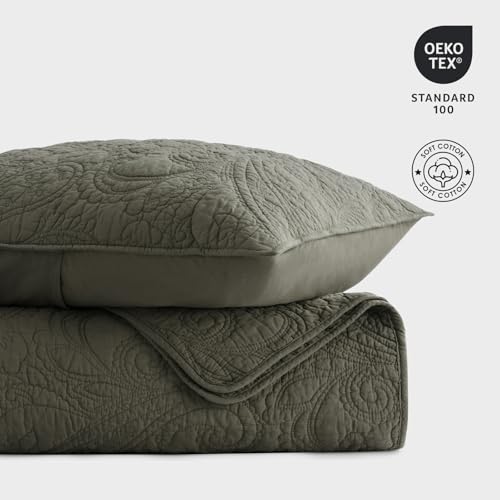 EVERGRACE 100% Cotton Paisley Quilt Set, King Size 3 Piece Set – Prewashed Lightweight Bedspread with 2 Shams, Soft & Breathable Matelasse Coverlet for All-Season Comfort, Olive Green EVERGRACEHOME