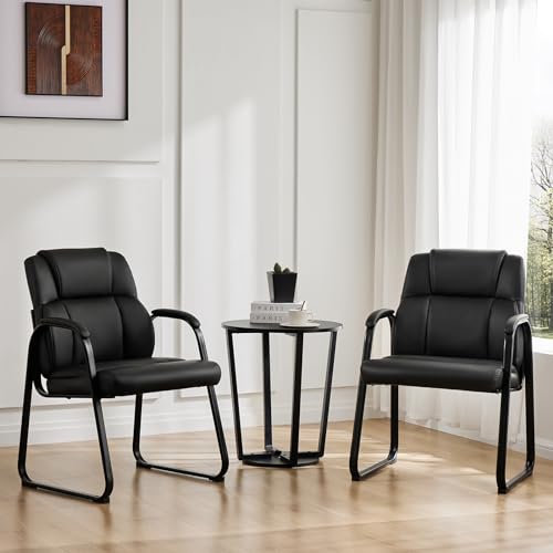 Sweetcrispy Waiting Room Guest Chair Set of 2, Stationary Office Reception Chairs No Wheel, Comfy Padded Arms and Seld Base, for Conference Room Lobby Home Computer Desk Bedroom Elderly, Deep Black Sweetcrispy