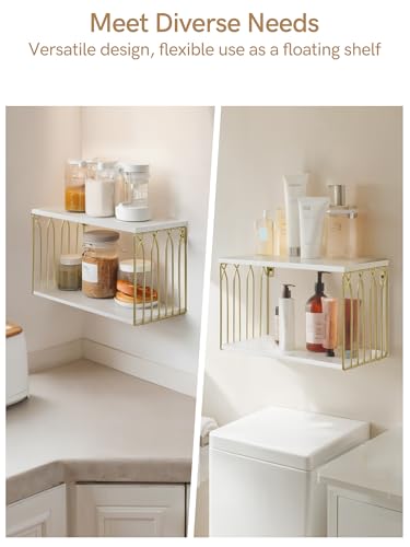 Sivapleso Floating Nightstand with Cable Hole, Modern Minimalism Small Wall Mounted White&Gold Bedside Table Pine Wood Hanging Night Stands Storage 2 Tier Shelf for Bedroom Bathroom Kitchen Sivapleso