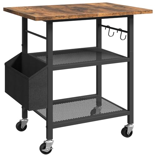 MAHANCRIS 3-Tier Printer Stand, Rolling Printer Table on Wheels, Industrial Storage Stand with Side Pocket, Wooden Tabletop, 2 S-Shaped Hooks, for Home Office, Rustic Brown and Black PTHR2501