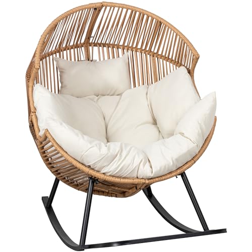 Shintenchi Wicker Egg Chair Outdoor, Oversized Outdoor Indoor Egg Rocking Chair, Large PE Rattan Patio Lounge Chair with Cushion for Patio, Balcony, Backyard, Garden, Beige Shintenchi