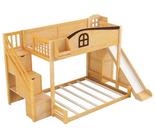 Merax Twin Over Full Bunk Bed with Slide and Staircase, Storage Shelf and Wardrobe, Kids Wood Loft Bunk Bed with House Design Safety Guardrail, Space Saving Kid Bunkbeds, Natural Merax