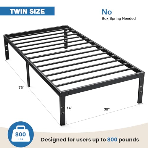 OLIXIS Metal Twin Bed Frame - 14in High with Storage Space, No Box Spring Needed with Sturdy Steel Slat Support, 800LBS Heavy Duty for Easy Assembly, Black for Bedroom OLIXIS