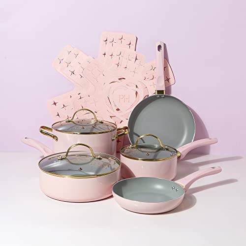 Paris Hilton Epic Nonstick Pots and Pans Set, Multi-layer Nonstick Coating, Tempered Glass Lids, Soft Touch, Stay Cool Handles, Made without PFOA, Dishwasher Safe Cookware Set, 12-Piece, Pink Paris Hilton