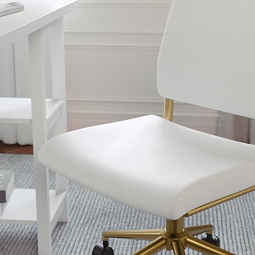 Martha Stewart Ivy Armless Swivel Task Chair for Home Office in White Faux Leather with Polished Brass Frame Martha Stewart