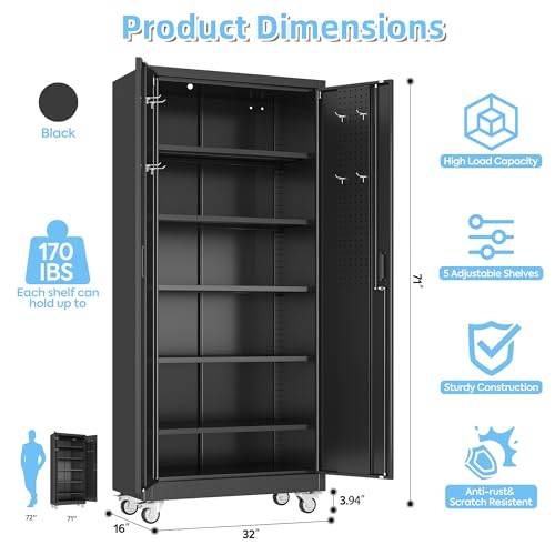 Aobabo Upgraded Garage Storage Cabinets with Wheels,Metal Storage Cabinets with 5 Adjustable Shelves for Garage Home Office Storage, Black,71''H*34''W*18''D,Assembly Required Aobabo
