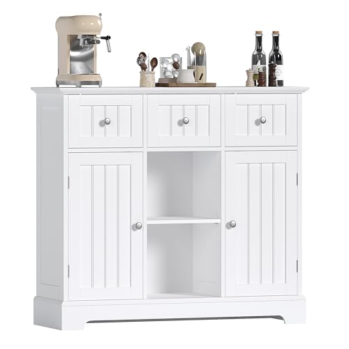 ChooChoo Buffet Cabinet, Coffee Bar with Drawers and Doors, Sideboard Storage with Shelves for Kitchen, Dining Room, Living Room, White ChooChoo