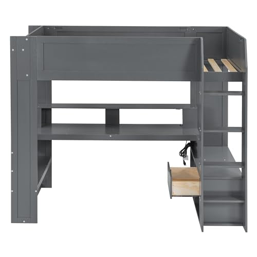 SOFTSEA Dark Grey Twin Gaming Loft Bed with Integrated Desk and Storage SOFTSEA