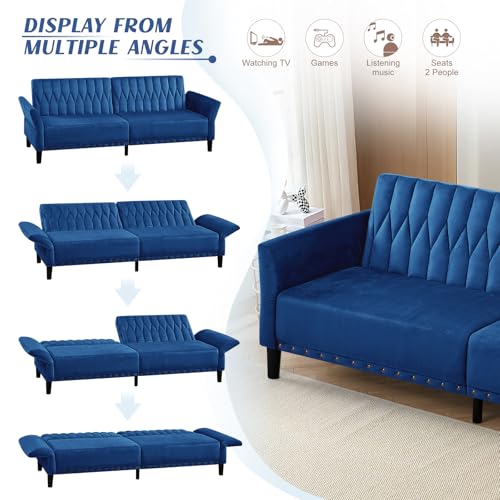 Lesofair 77” Velvet Sofa Bed with Adjustable Armrests and Backrests,Tufted Convertible Futon Couch with Nailhead Trim, Loveseat Modern Velvet Sleeper Sofa for Living Room,Bedroom,Office,Blue Lesofair