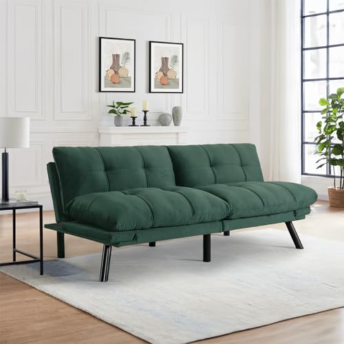 Convertible Velvet Futon Sofa Bed, Comfy 72" L Sleeper Couch with Thicker Cushion, Upholstered Modern Reclining Loveseat Folding Sofa for Small Living Room, Dorm, Apartment, Office, Emerald Antetek
