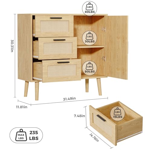 KFO Storage Cabinet, Rattan Sideboard Cabinet with 3 Drawers & Door, Wooden Buffet Cabinet for Living Room, Dining Room, Hallway, Kitchen, Entryway… KFO