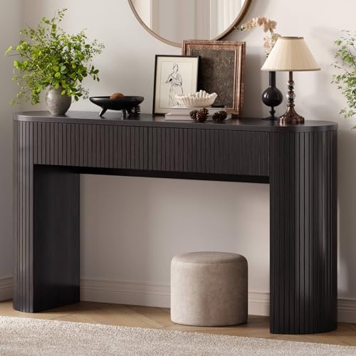 55 Inch Console Table with 2 Drawers, Fluted Entryway Tables with Storage, Sofa Table Behind The Couch, Hallway Tables, Mid-Century Modern Foyer Table for Entryway, Hallway, Living Room, Black ONBRILL