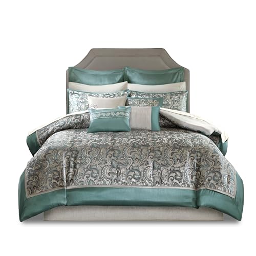 Madison Park 24 Piece Faux Silk Paisley Queen Comforter Set with Matching Curtains, Down Alternative Hypoallergenic - Teal, Queen (90 in x 90 in) Madison Park