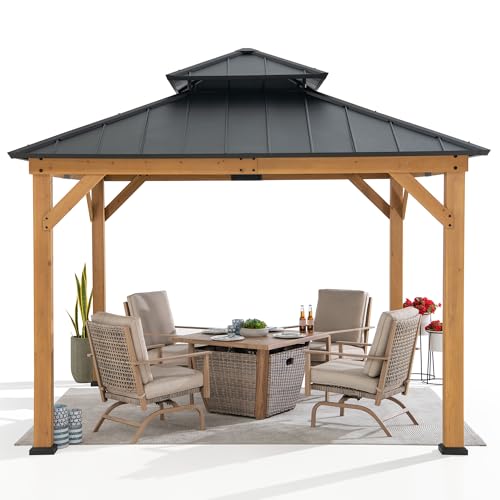Sunjoy 11 x 11 ft. Wood Gazebo Standard Cedar Framed Gazebos with Black Double Steel Hardtop Roof for Garden, Backyard Shade, Matte Black Roof + Natural Wood Frame Sunjoy