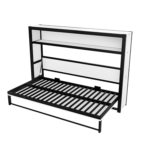 JIVOIT Twin Size Murphy Bed, Metal Wall Bed with Integrated Shelf for Storage & Decor, Space-Saving Metal Foldable Platform Bed, No Spring Box Needed (White//7) JIVOIT