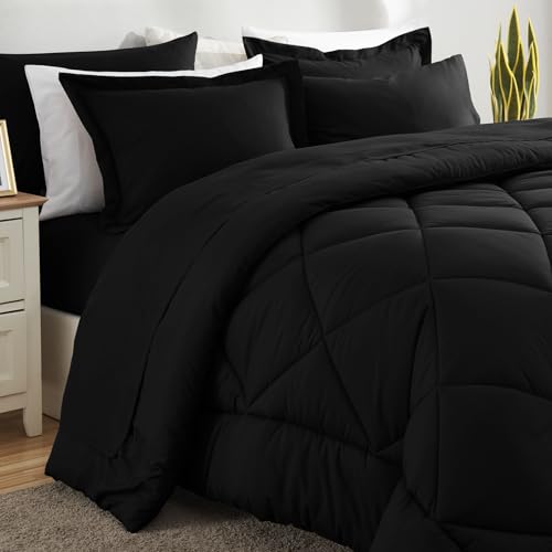 CozyLux Queen Comforter Set Black - Bed in a Bag Queen Size 7 Pieces, Luxury Soft Bed Set for All Seasons, Bedding Set with Down Alternative Comforter, Sheets, Pillowcases & Shams CozyLux