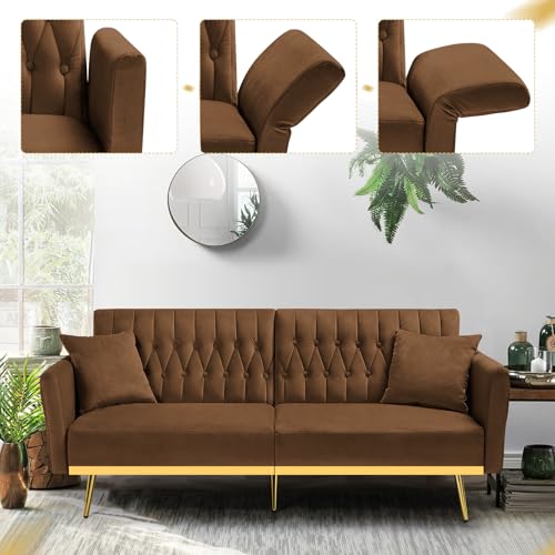 ACMEASE 70” Velvet Futon Sofa Bed with 2 Pillows and Adjustable Armrests, Convertible Sleeper Bed W/Adjustable Backrests, Modern Loveseat for Living Room, Bedroom, Brown ACMEASE