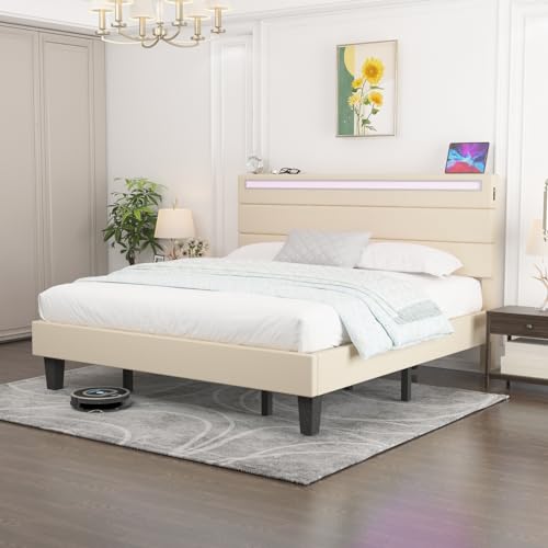 Benevika King Size Upholstered LED Bed Frame with Integrated USB Ports and Sturdy Wooden Slats - Beige Benevika