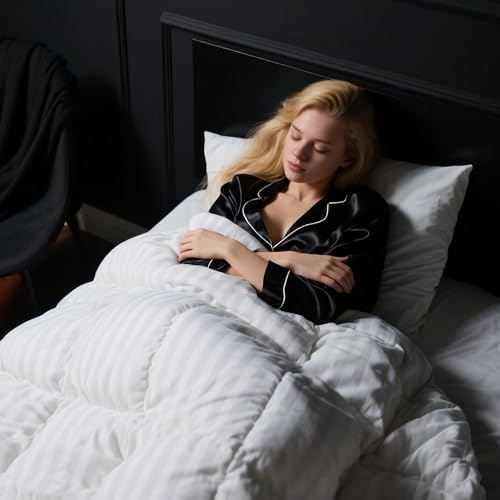 puredown® Goose Feather Comforter Full/Queen Size - All Season Duvet Insert, Ultra Soft Stripe 100% Cotton Shell Hotel Collection Comforters, 500 Thread Count with Ties (90x90'',Stripe White) puredown