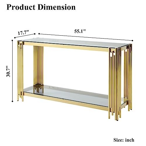 SSLine Modern Luxury Console Table Rectangular Glass Accent Entryway Table for Hallway Living Room, 2-Tier Storage, Gold Pipe Stainless Steel Frame Design SSLine