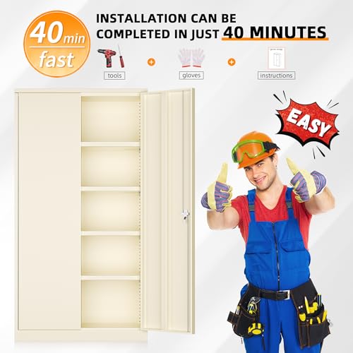 INTERGREAT Tall Metal Storage Cabinet Locking Steel with 4 Adjustable Shelves,72" Lockable Cabinets Lock 2 Doors for Office Garage Supply Home (Cream Gray) INTERGREAT