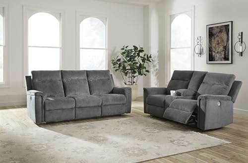 Signature Design by Ashley Barnsana Minimalist Power Reclining Loveseat with Console and USB Charging Ports, Gray Signature Design by Ashley